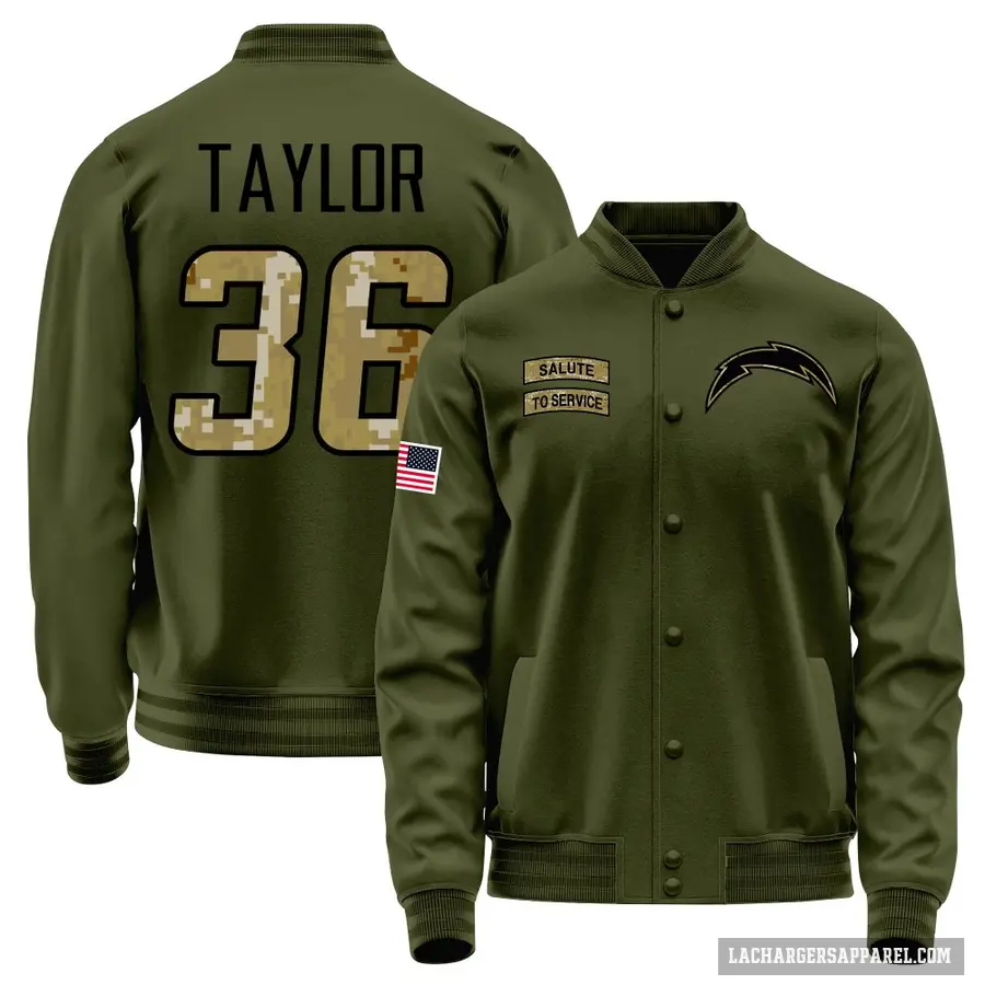 Youth ＃36 Ja'Sir Taylor Los Angeles Chargers Olive Salute to Service Sideline Performance Jacket